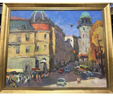 Кудревич Р.В - Народный художник. "Городской пейзаж", ДВП, масло.Размер 80х100 см. № 2539 (артикул №2539) - фото №1