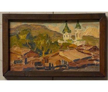 Кубарев В.Г "Пейзаж с храмом", 1973г. ДВП, масло. Размер 20х33 см. № 2585 (артикул №2585) - фото №2