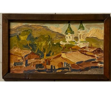 Кубарев В.Г "Пейзаж с храмом", 1973г. ДВП, масло. Размер 20х33 см. № 2585 (артикул №2585) - фото №3