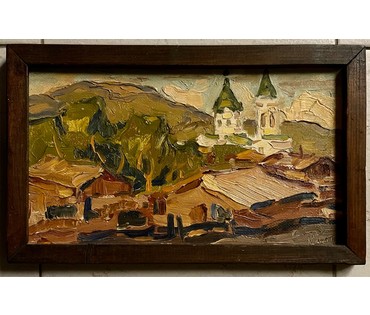 Кубарев В.Г "Пейзаж с храмом", 1973г. ДВП, масло. Размер 20х33 см. № 2585 (артикул №2585) - фото №1