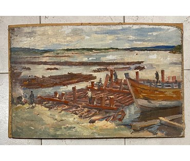 Дорошевич Ф.И. "Сплав леса" Урал. Холст, масло, картон. Размер 40х63 см. без рамы. № 2592 (артикул №2592) - фото №2