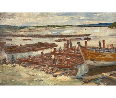 Дорошевич Ф.И. "Сплав леса" Урал. Холст, масло, картон. Размер 40х63 см. без рамы. № 2592 (артикул №2592) - фото №3
