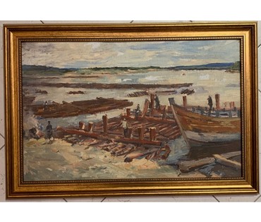Дорошевич Ф.И. "Сплав леса" Урал. Холст, масло, картон. Размер 40х63 см. без рамы. № 2592 (артикул №2592) - фото №1