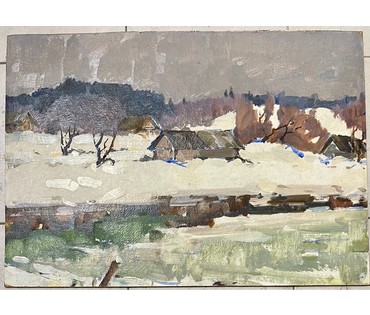 Дорошевич Ф.И "Околица", 1968г. Картон, масло. Размер без рамы 48х68 см. № 2595 (артикул №2595) - фото №2