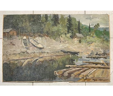 Дорошевич Ф.И. "Пейзаж с лодками и плотами.Урал", Холст, масло, картон. Размер без рамы 40х62 см. № 2604 (артикул №2604) - фото №2