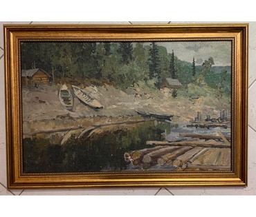 Дорошевич Ф.И. "Пейзаж с лодками и плотами.Урал", Холст, масло, картон. Размер без рамы 40х62 см. № 2604 (артикул №2604) - фото №1