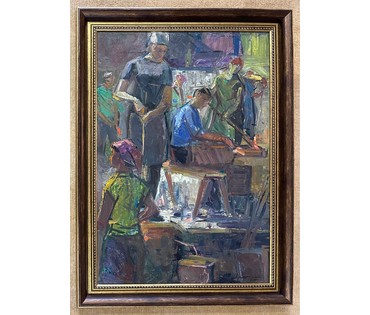 Красовский Е.Е. "На стеклозаводе", 1975г. Картон, масло.Размер 50х70 см. № 2610 (артикул №2610) - фото №1