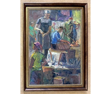 Красовский Е.Е. "На стеклозаводе", 1975г. Картон, масло.Размер 50х70 см. № 2610 (артикул №2610) - фото №3