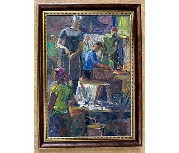Красовский Е.Е. "На стеклозаводе", 1975г. Картон, масло.Размер 50х70 см. № 2610 (артикул №2610) - фото №2