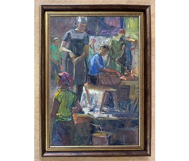 Красовский Е.Е. "На стеклозаводе", 1975г. Картон, масло.Размер 50х70 см. № 2610 (артикул №2610) - фото №6