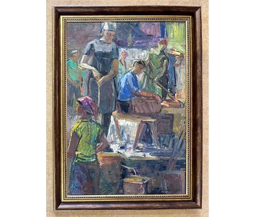 Красовский Е.Е. "На стеклозаводе", 1975г. Картон, масло.Размер 50х70 см. № 2610 (артикул №2610) - фото №7