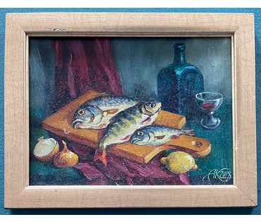 Концуб А.А "Натюрморт с рыбой", 2018г. Оргалит, масло. Размер 15х20 см. № 2642 (артикул №2642) - фото №2