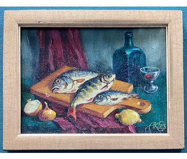 Концуб А.А "Натюрморт с рыбой", 2018г. Оргалит, масло. Размер 15х20 см. № 2642 (артикул №2642) - фото №3