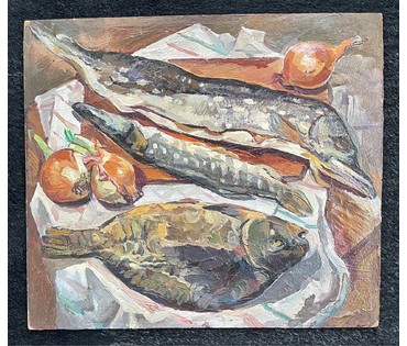 Тоболич М.Е "Натюрморт с рыбами", 1986г. ДВП, масло. Размер 33,5х38,5 см. № 2678 (артикул №2678) - фото №2