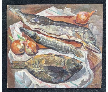 Тоболич М.Е "Натюрморт с рыбами", 1986г. ДВП, масло. Размер 33,5х38,5 см. № 2678 (артикул №2678) - фото №3