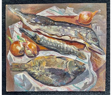 Тоболич М.Е "Натюрморт с рыбами", 1986г. ДВП, масло. Размер 33,5х38,5 см. № 2678 (артикул №2678) - фото №4