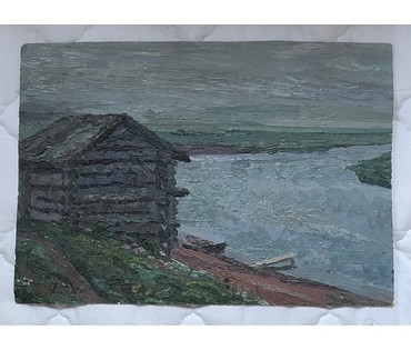 Попович М.И "Банька на Севере", 1973г. Картон, масло. Размер 30х42 см. № 2686 (артикул №2686) - фото №2