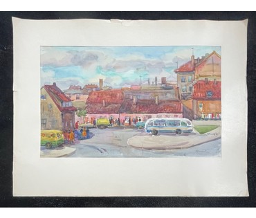 Доморад В.А. "Клайпеда, городской пейзаж", 1965г. Акварель. Размер 33х50 см. № 2711 (артикул №2711) - фото №1