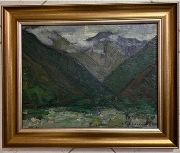 Красовский Е.Е "Пересохшая река. Жоэкварское ущелье", 1975г. Картон, масло. Размер 25х32 см. № 2741 (артикул №2741) - фото №1