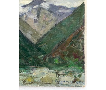 Красовский Е.Е "Пересохшая река. Жоэкварское ущелье", 1975г. Картон, масло. Размер 25х32 см. № 2741 (артикул №2741) - фото №3