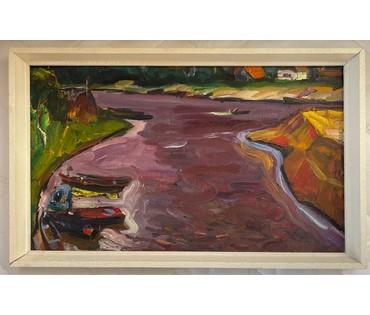 Залозный Н.Г "Над Припятью",1964г. Картон, масло. Размер. 35х57,5 см. № 2747 (артикул №2747) - фото №2