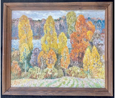 Ландарский Р.Е "Осень на Соже", 1998г. Холст на ДВП, масло. Размер 52х63 см. № 2760 (артикул №2760) - фото №2