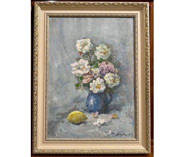 Дмухайло И.С "Розы", 1990г. Холст, масло. Размер 70х50 см. С рамой 65,5х85 см. № 2825 (артикул №2825) - фото №1