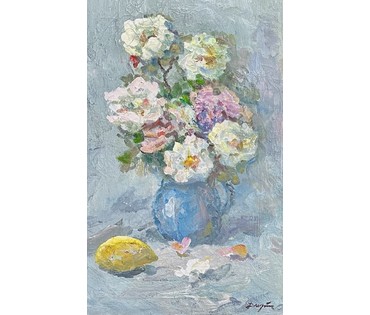 Дмухайло И.С "Розы", 1990г. Холст, масло. Размер 70х50 см. С рамой 65,5х85 см. № 2825 (артикул №2825) - фото №2