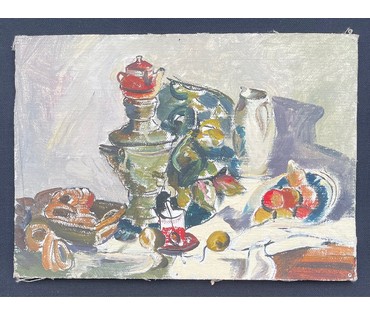 Казак О.И "У самовара", 1971г. Картон, масло. Размер 30х21.5 см. № 2849 (артикул №2849) - фото №2