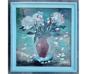 Каталожный Щемелёв Л.Д "Белые пионы", 1984г. ДВП, масло. Размер 75х77 см. С рамой 81х85,5 см. № 2859 (артикул №2859) - фото №1