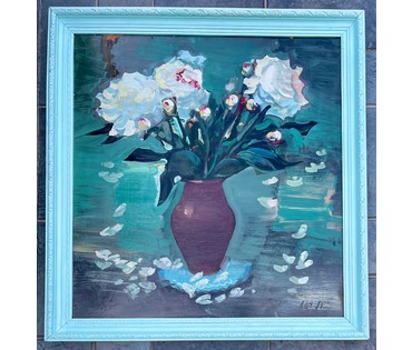 Каталожный Щемелёв Л.Д "Белые пионы", 1984г. ДВП, масло. Размер 75х77 см. С рамой 81х85,5 см. № 2859 (артикул №2859) - фото №2