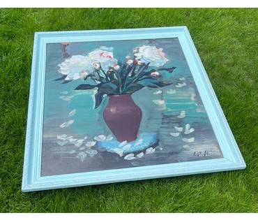 Каталожный Щемелёв Л.Д "Белые пионы", 1984г. ДВП, масло. Размер 75х77 см. С рамой 81х85,5 см. № 2859 (артикул №2859) - фото №4