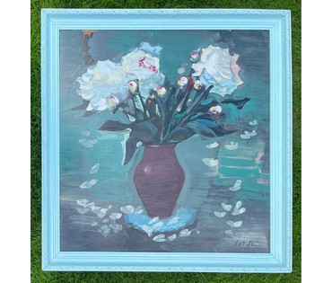 Каталожный Щемелёв Л.Д "Белые пионы", 1984г. ДВП, масло. Размер 75х77 см. С рамой 81х85,5 см. № 2859 (артикул №2859) - фото №6