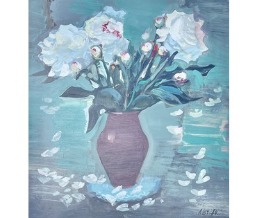 Каталожный Щемелёв Л.Д "Белые пионы", 1984г. ДВП, масло. Размер 75х77 см. С рамой 81х85,5 см. № 2859 (артикул №2859) - фото №7