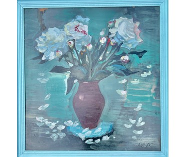 Каталожный Щемелёв Л.Д "Белые пионы", 1984г. ДВП, масло. Размер 75х77 см. С рамой 81х85,5 см. № 2859 (артикул №2859) - фото №8