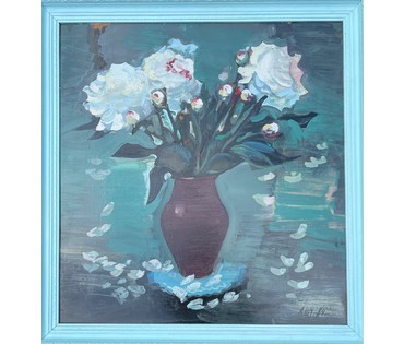 Каталожный Щемелёв Л.Д "Белые пионы", 1984г. ДВП, масло. Размер 75х77 см. С рамой 81х85,5 см. № 2859 (артикул №2859) - фото №9