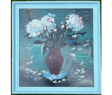 Каталожный Щемелёв Л.Д "Белые пионы", 1984г. ДВП, масло. Размер 75х77 см. С рамой 81х85,5 см. № 2859 (артикул №2859) - фото №10