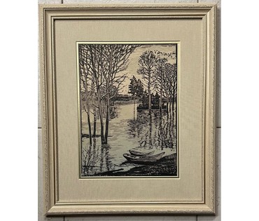 Денисов Г.И "Разлив". Линогравюра. Размер с рамой и паспарту 37,5х47,5 см. № 2892 (артикул №2892) - фото №1