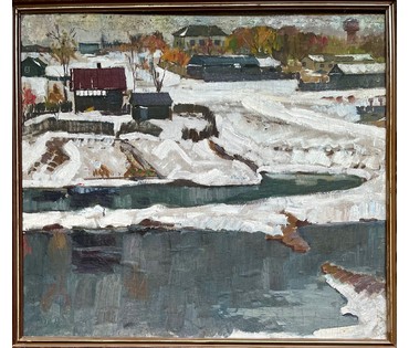 Меренков М.А "Первый снег. г.Минск.Пересечение ул. Р.Люксембург и пр-т Жукова",1968г. Холст, масло на ДВП.Размер 65х77 см. № 2895 (артикул №2895) - фото №3