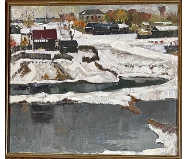 Меренков М.А "Первый снег. г.Минск.Пересечение ул. Р.Люксембург и пр-т Жукова",1968г. Холст, масло на ДВП.Размер 65х77 см. № 2895 (артикул №2895) - фото №4