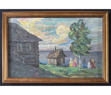 Попович М.И "Вечер в деревне", 1977г. Картон, масло. Размер 34х53 см. № 2909 (артикул №2909) - фото №1