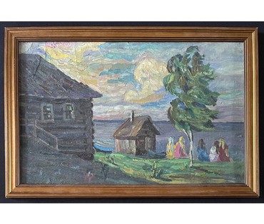 Попович М.И "Вечер в деревне", 1977г. Картон, масло. Размер 34х53 см. № 2909 (артикул №2909) - фото №2