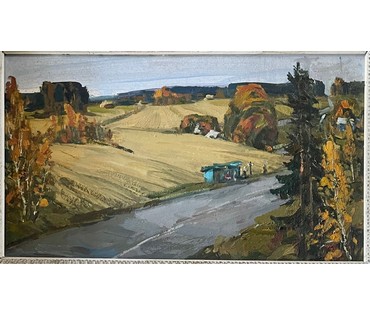 Коктев А.А "Дорога к Минску",1981г. Картон, масло. Размер 28х48 см. № 2910 (артикул №2910) - фото №2