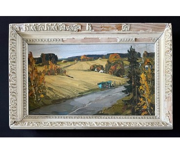 Коктев А.А "Дорога к Минску",1981г. Картон, масло. Размер 28х48 см. № 2910 (артикул №2910) - фото №1