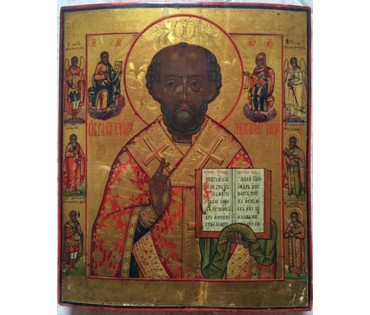 Икона "Николай Чудотворец" с предстоящими (в т.ч. Архангелом Михаилом и Ангелом-Хр.) 19в. Ветка №20