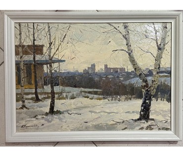 Корженевский А.С "Зимний день", 1975г. Картон, масло. Размер 35х50 см. № 3024 (артикул №3024) - фото №1