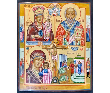 Четырехчастник Умягчение злых сердец. Казанская Пресвятая Богородица. Николай Чудотворец. Усекновение главы Иоанна Предтечи. Ветка ,19/20 век. Размер 44х53,5 см. № 3041 (артикул №3041) - фото №1