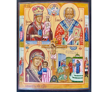 Четырехчастник Умягчение злых сердец. Казанская Пресвятая Богородица. Николай Чудотворец. Усекновение главы Иоанна Предтечи. Ветка ,19/20 век. Размер 44х53,5 см. № 3041 (артикул №3041) - фото №2