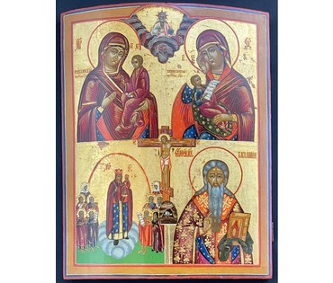 Четырехчастник. Ветка. 19 век. Тихвинская Богоматерь. Утоли болезни. Всех скорбящих радость. Св. мученик Харлампий. Размер 53х42 см. № 3065 (артикул №3065) - фото №1