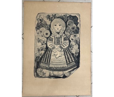 Поплавская Н.Н "Золотая яблонька", 1977г. Линогравюра. Размер 68,5х49,5 см. № 3079 (артикул №3079) - фото №1